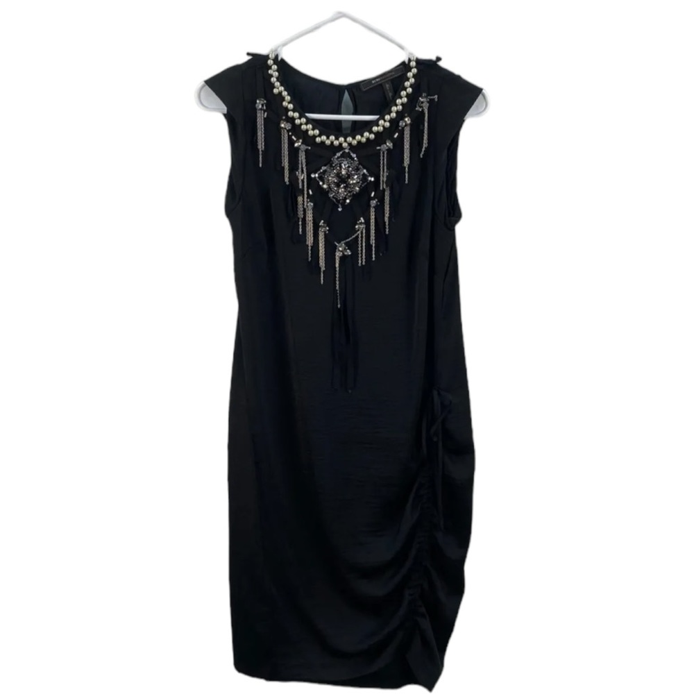 BCBG Maxazria Women S Black Beaded Sequin Satin Ruched Dress Short Sleeve 7939